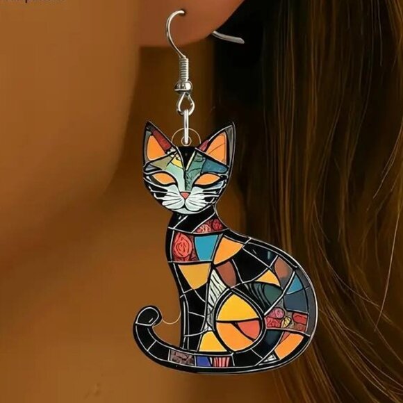 STAINED GLASS CAT DANGLES in Pumpkin - Picture 1 of 1